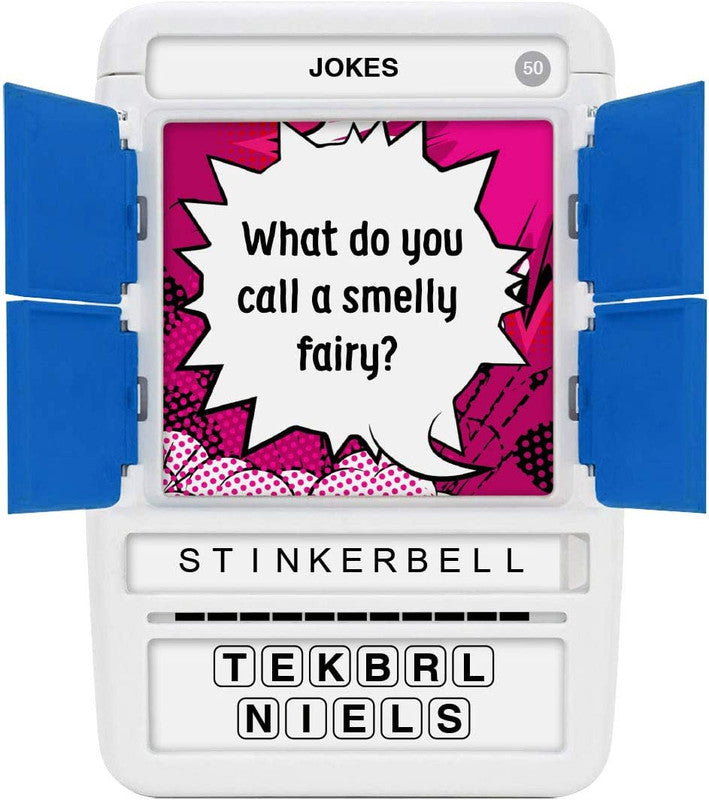 White joke teller game with blue shutters showing the joke What do you call a smelly fairy and the answer STINKERBELL below it with letter tiles