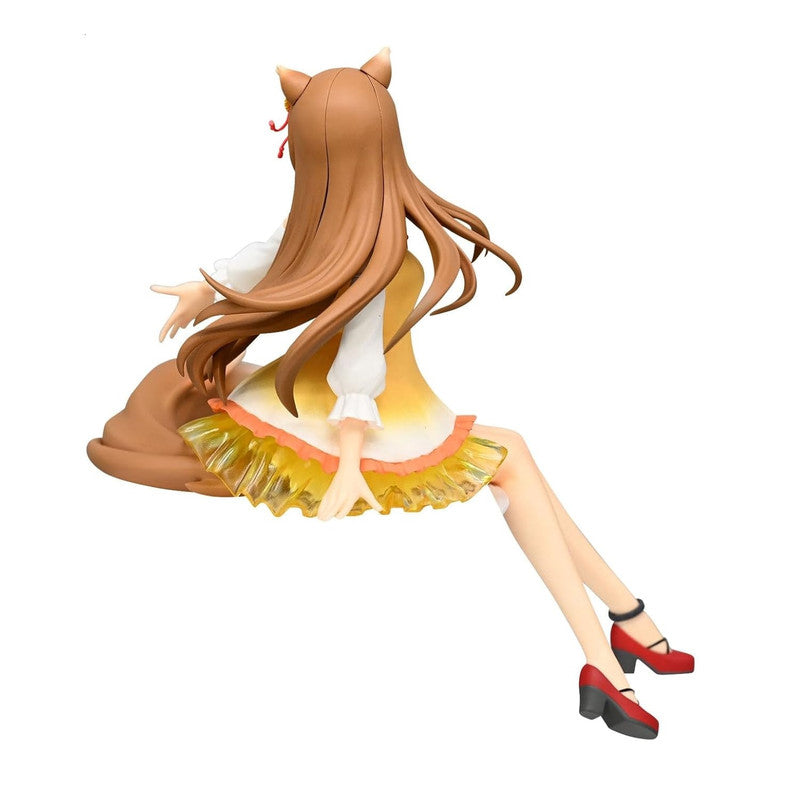 Anime figure of a girl with brown hair and ears wearing a yellow and white dress with ruffled skirt and red shoes