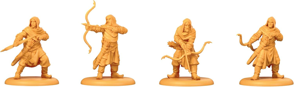 Four hooded, unpainted orange fantasy archer miniatures in various action poses