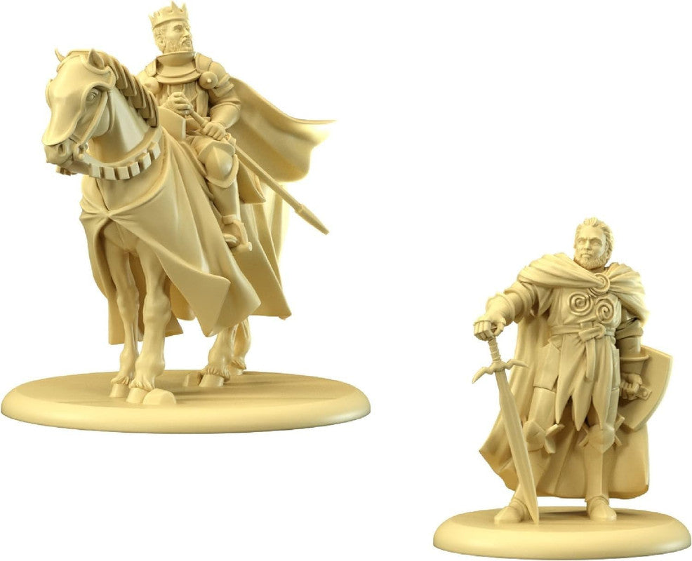 Two unpainted fantasy miniature figures: a king on horseback with a crown and spear, and a standing bearded warrior with a sword and shield
