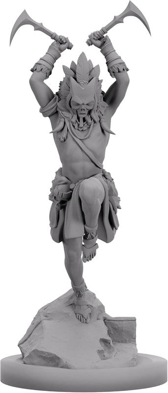 Gray miniature of a masked tribal warrior balancing on one leg, raising two curved blades overhead