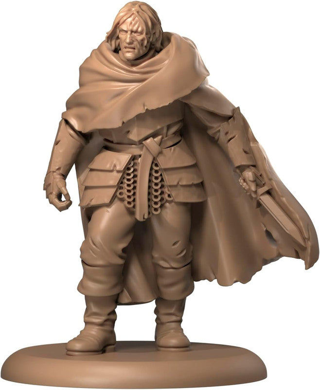Unpainted brown miniature figure of a warrior in armor and a flowing cape, holding a sword
