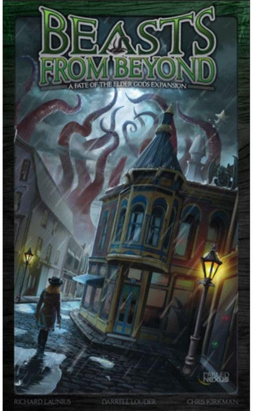 Beasts From Beyond: Giant red tentacles loom over a rainy, gaslit city street with a person walking past ornate buildings
