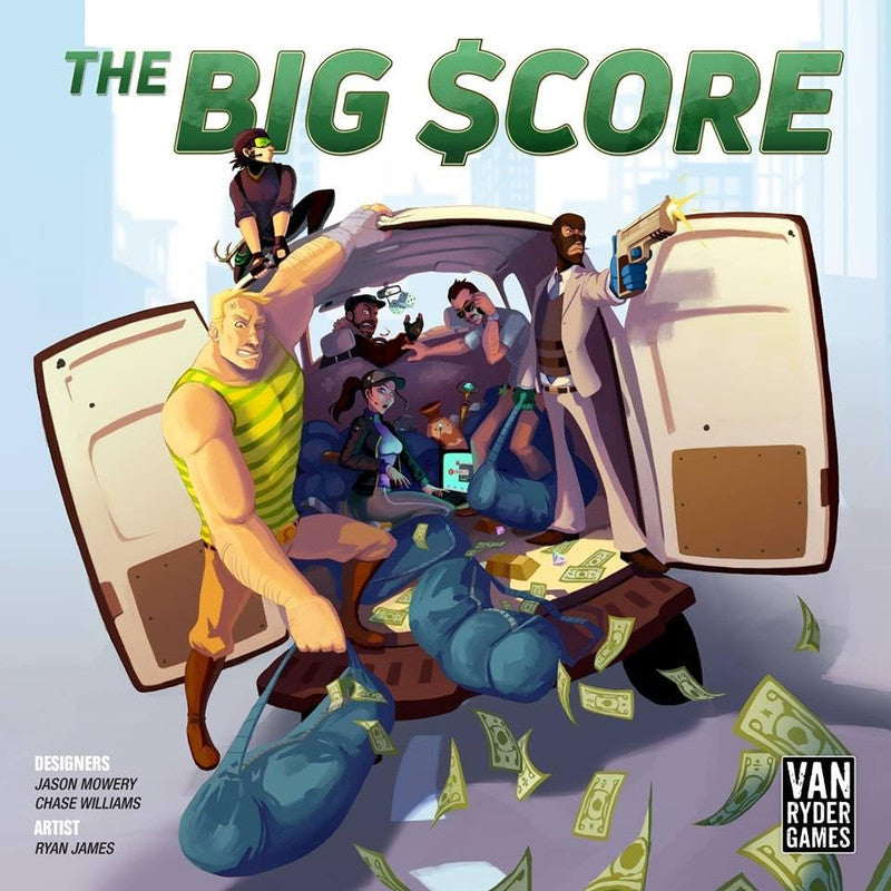 THE BIG SCORE board game cover art with characters escaping in a getaway van loaded with money and gold bars