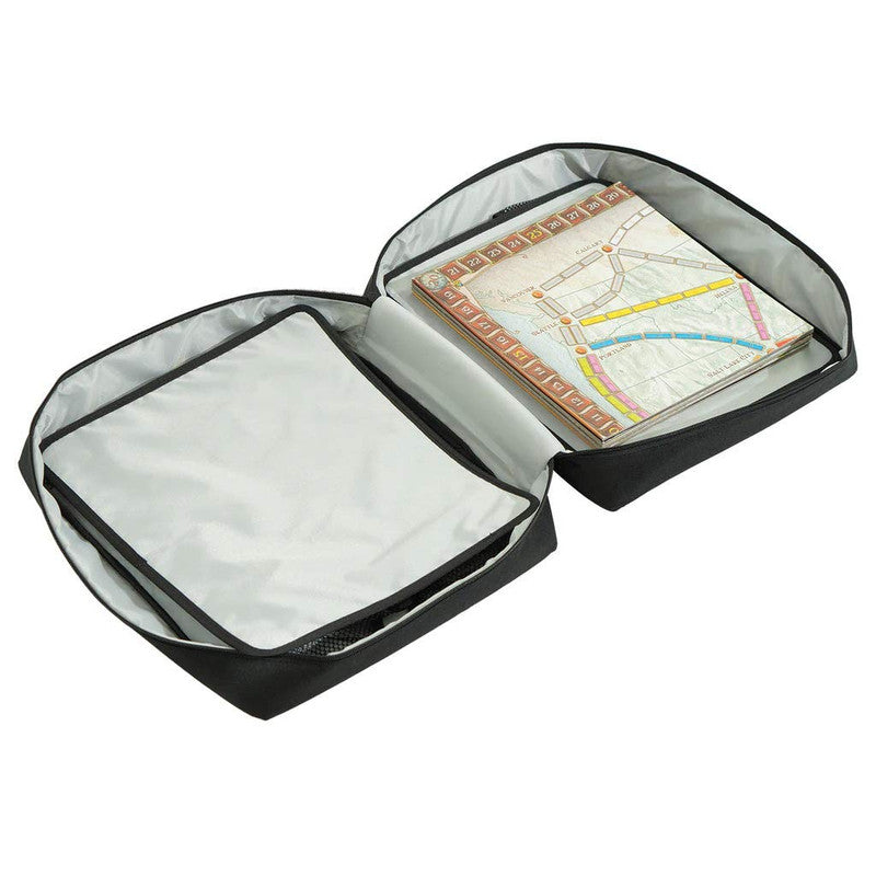 Black bag with two compartments holding a Ticket to Ride game board