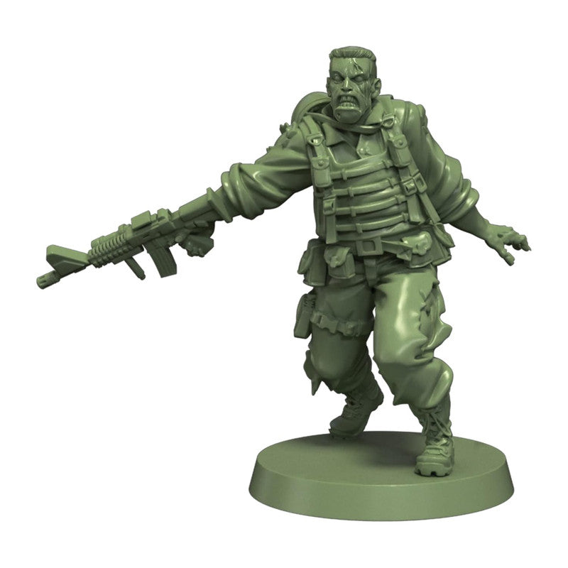 Grimacing green wargame miniature of a zombie soldier in tactical gear, holding an assault rifle forward
