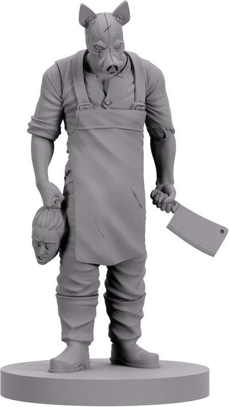 Grayscale miniature of a pig-masked figure in an apron, holding a severed head and a meat cleaver