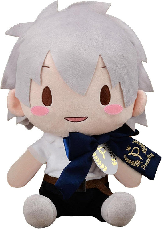 Adorable grey-haired anime plush with a blue bow and gold accents on its collar