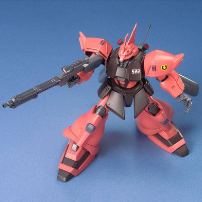 Red and dark gray Mobile Suit robot model aiming a long rifle