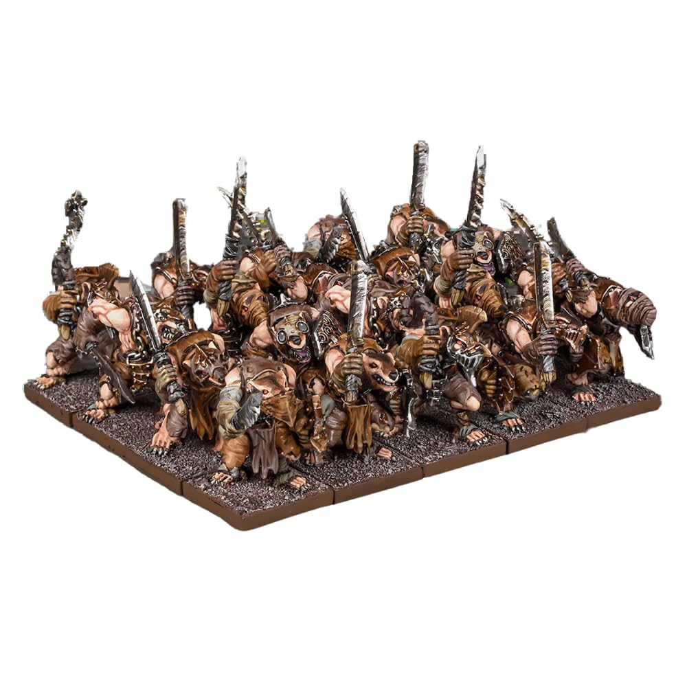A large unit of aggressive, brown rat-like fantasy miniatures, wielding various crude weapons and advancing on a base