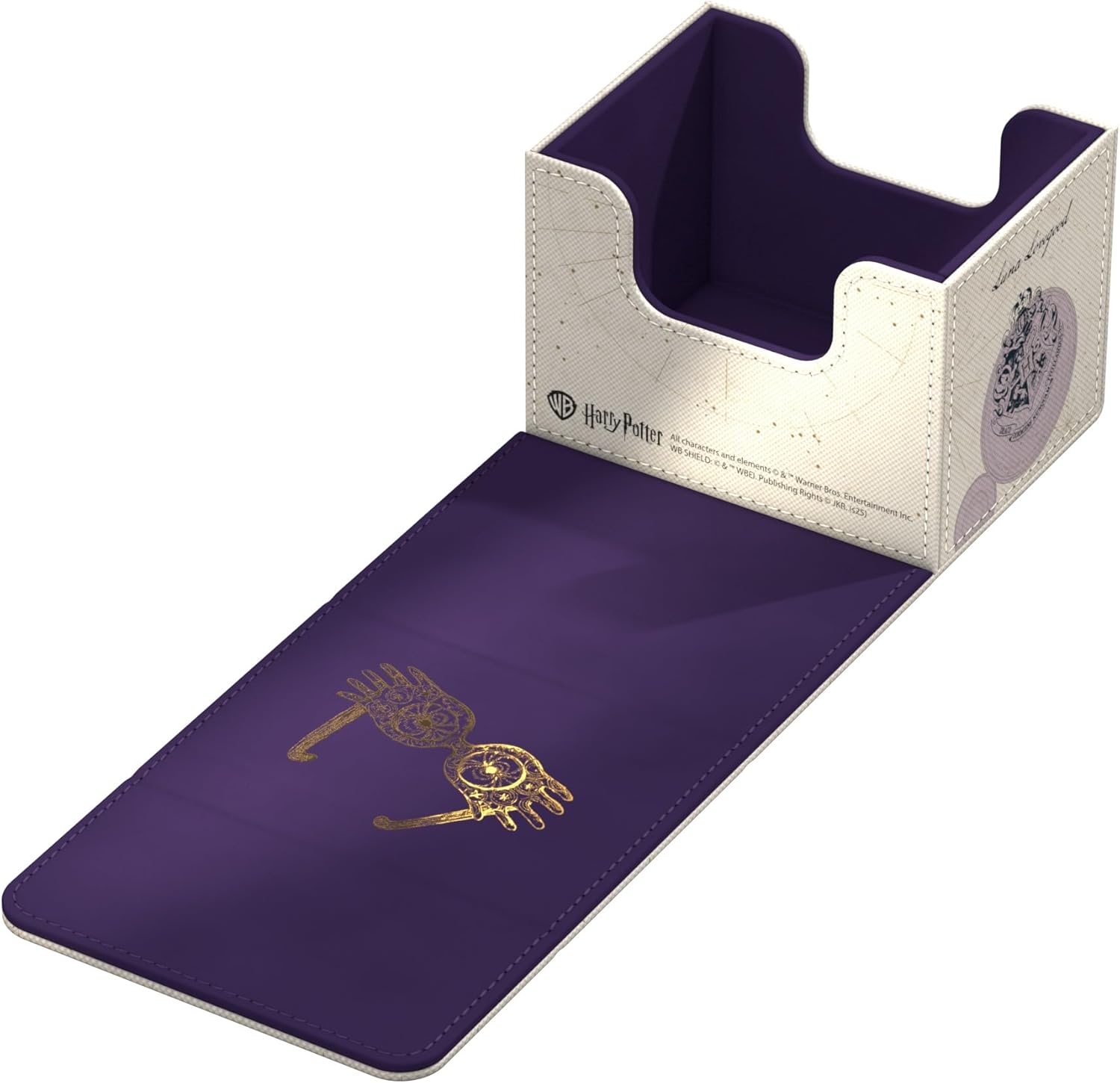 Harry Potter Luna Lovegood deck box. White card storage box with purple interior and gold Spectrespecs symbol