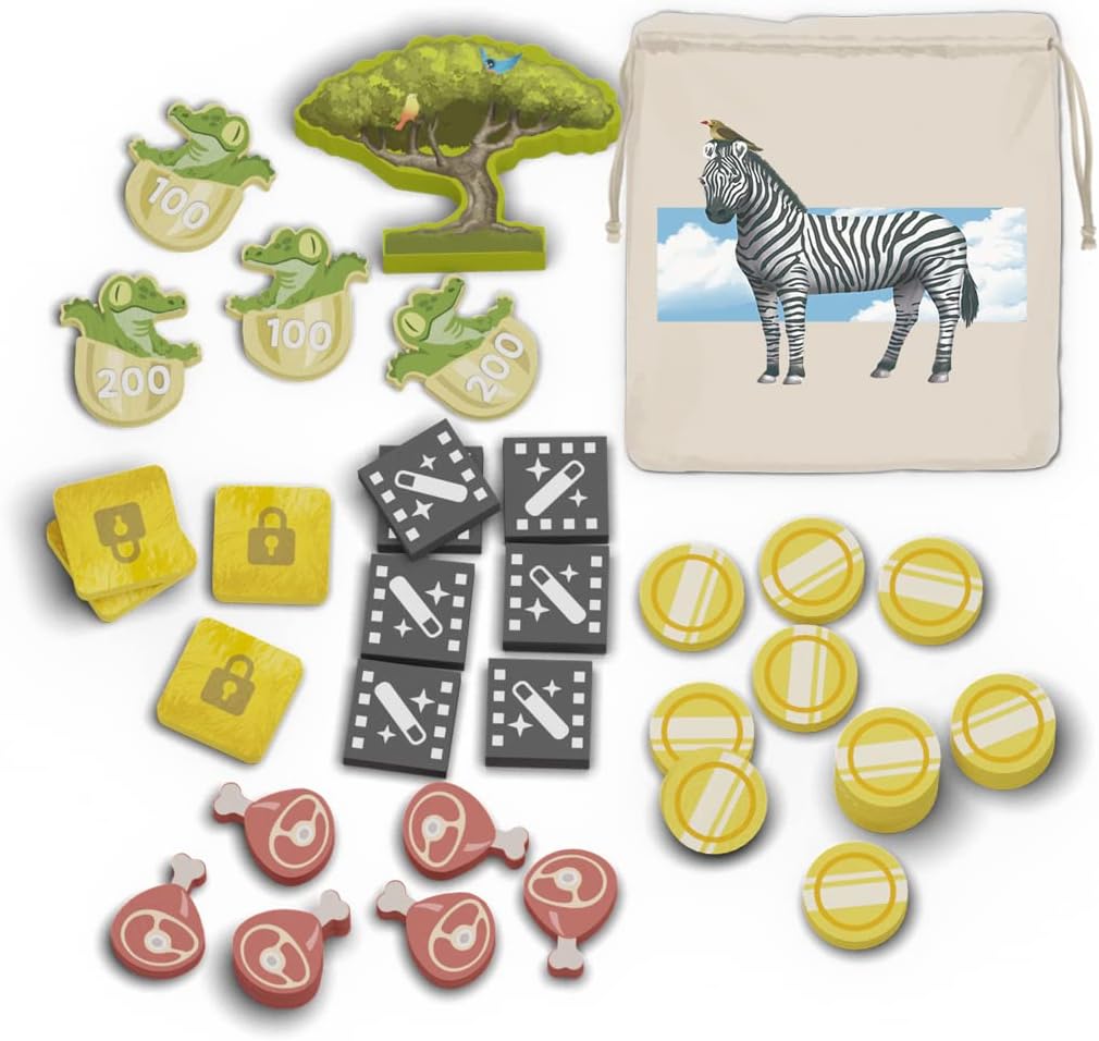Serengeti game tokens including crocodiles, tree, meat, coins, magic tokens, and a drawstring bag with zebra art
