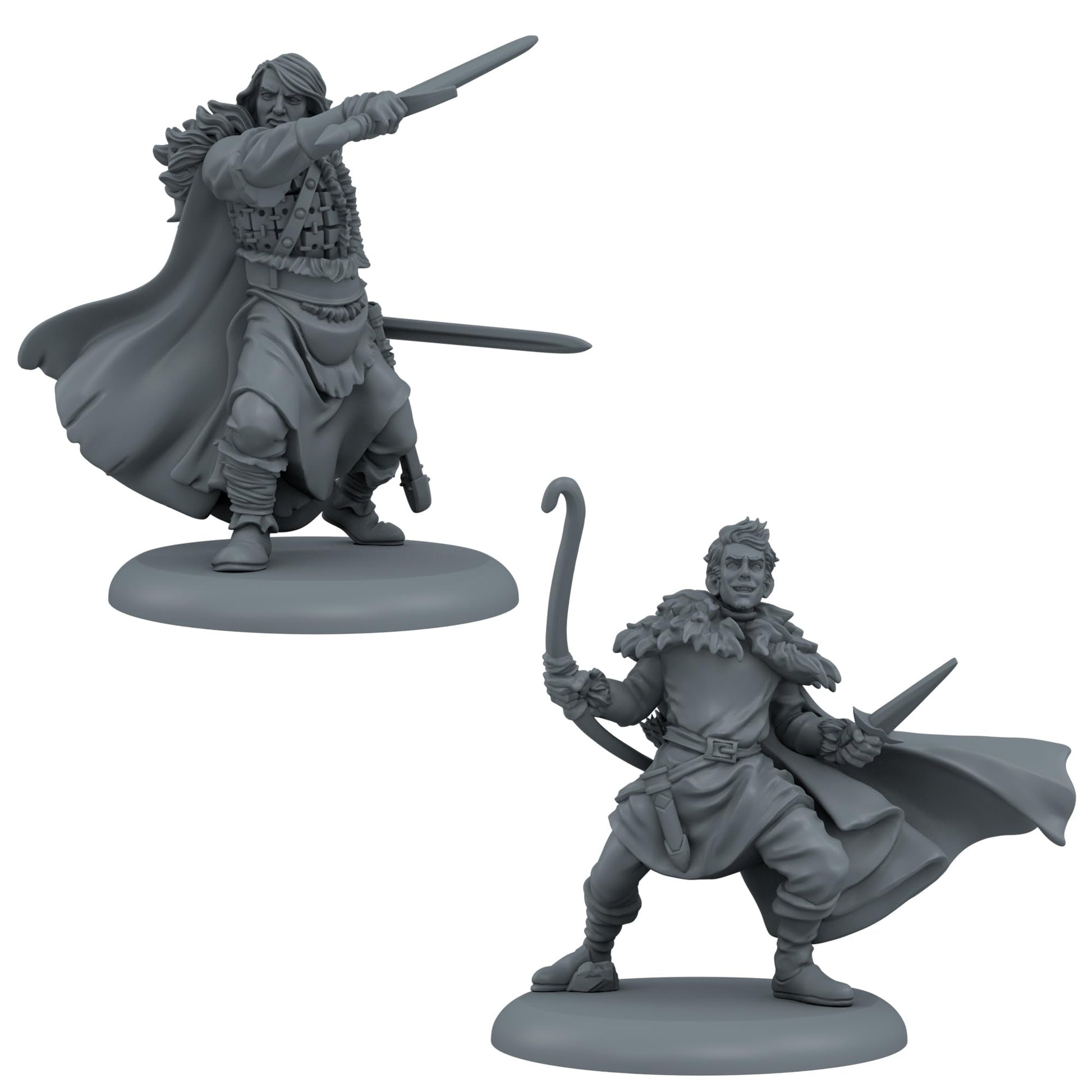 Two grey tabletop miniatures: a long-haired warrior swinging a sword, and an archer aiming a bow