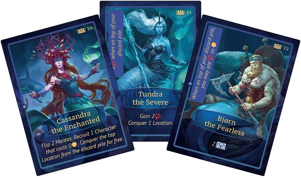 Three character game cards showing a red-haired mermaid, a blue sea queen, and a bearded Viking