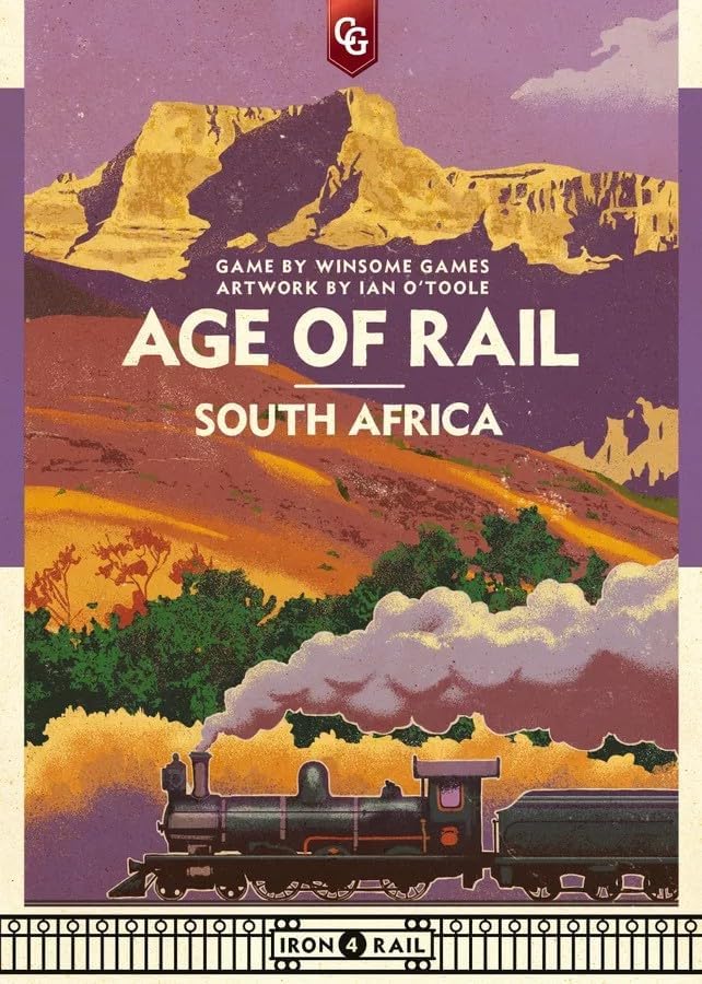A vintage-style poster for &quot;Age of Rail: South Africa&quot; shows a steam train chugging through a mountainous landscape