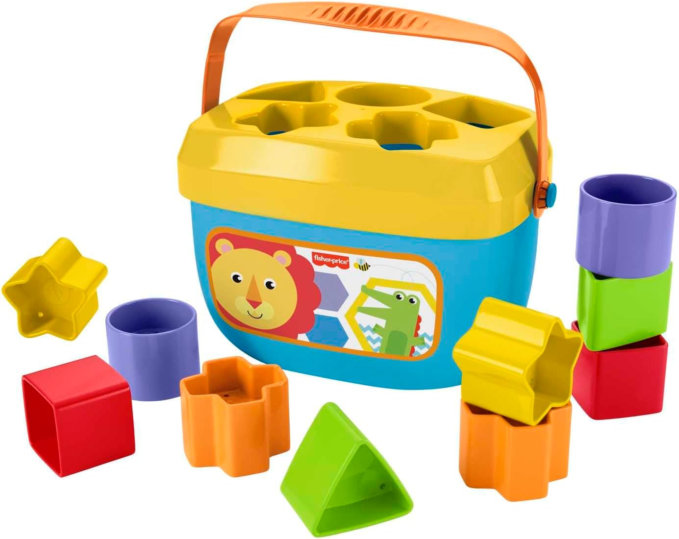 Colorful Fisher-Price blue and yellow shape sorter bucket with an orange handle