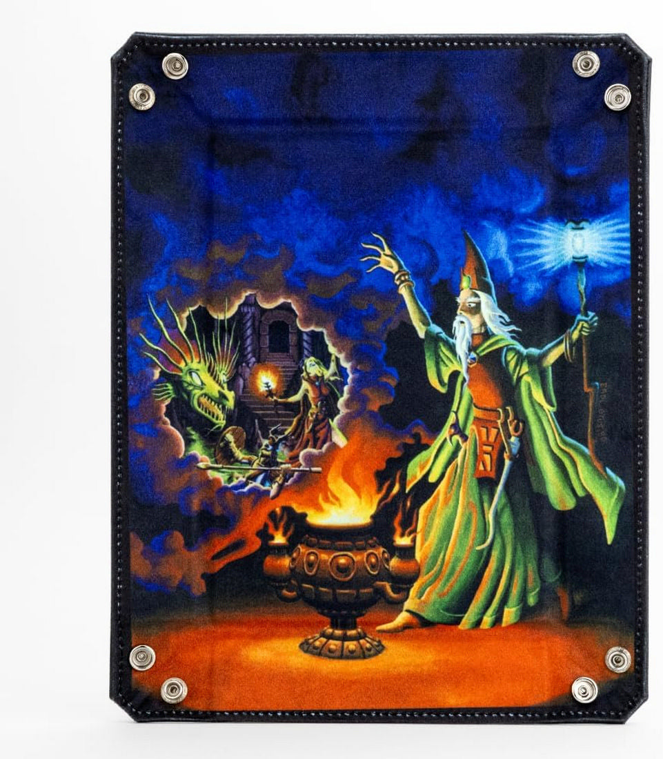 Wizard in green robes casting a glowing spell over a fiery cauldron, with a vision of a green dragon appearing in the smoke