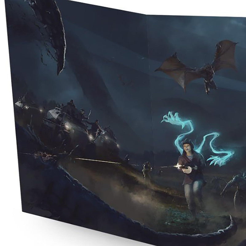 A woman runs, firing blue energy from a weapon, through a dark battle with flying dragons, ground monsters, and vehicles.
