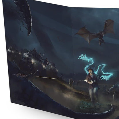 A woman runs, firing blue energy from a weapon, through a dark battle with flying dragons, ground monsters, and vehicles.