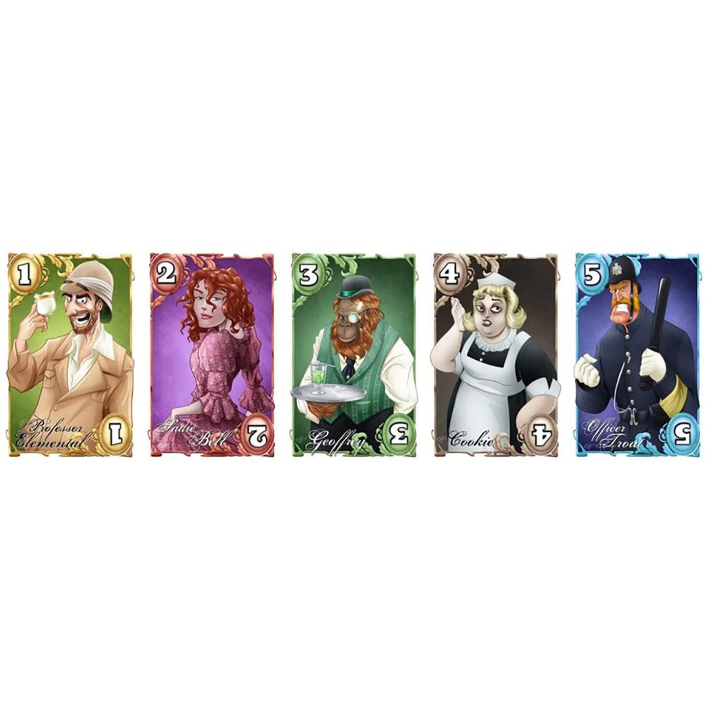 Five game character cards: man with tea, woman, ape butler, maid, police officer with baton