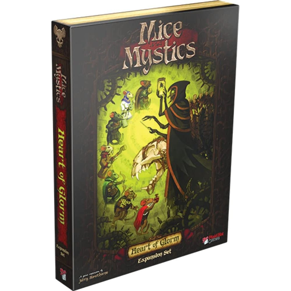 Mice and Mystics: Heart of Glorm board game expansion box. Cover shows mice characters and a robed skull figure