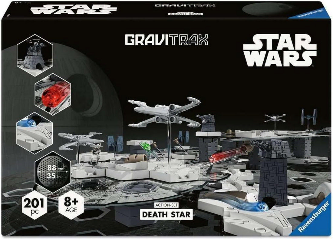 Star Wars GraviTrax Death Star marble run set box, featuring X-Wing and TIE Fighter models on the track