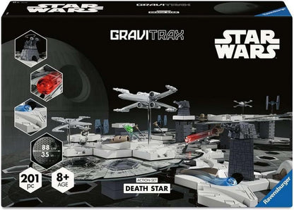 Star Wars GraviTrax Death Star marble run set box, featuring X-Wing and TIE Fighter models on the track