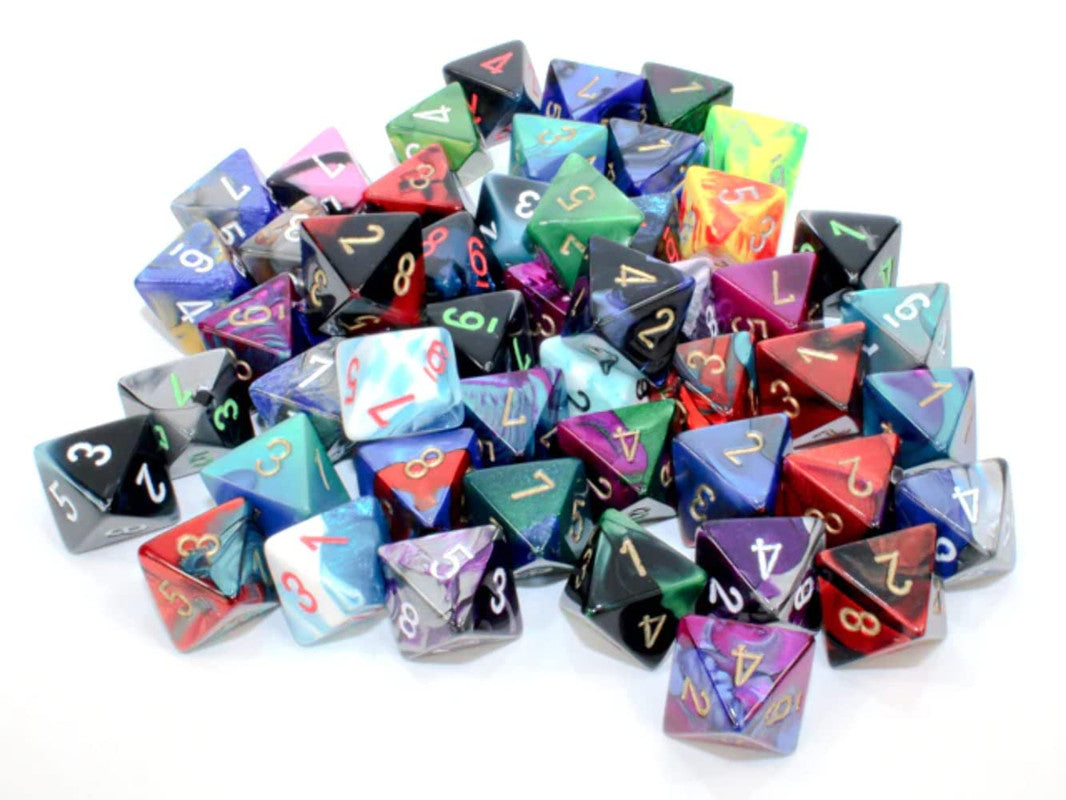 A large pile of many vibrant, marbled d4 dice with numbers on a white background