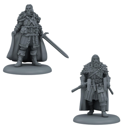 Two unpainted grey fantasy miniature warriors: one holding a sword, the other two hammers