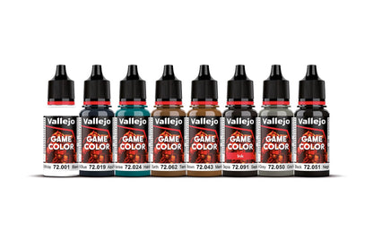 Eight Vallejo Game Color paint bottles with black dropper caps, in assorted colors, lined up