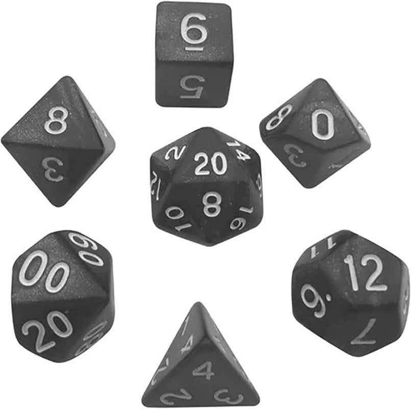 Gatekeeper Mystery Dice Sets: Seven black polyhedral dice with white numbers, including d4, d6, d8, d10, d12, d20, and a percentile