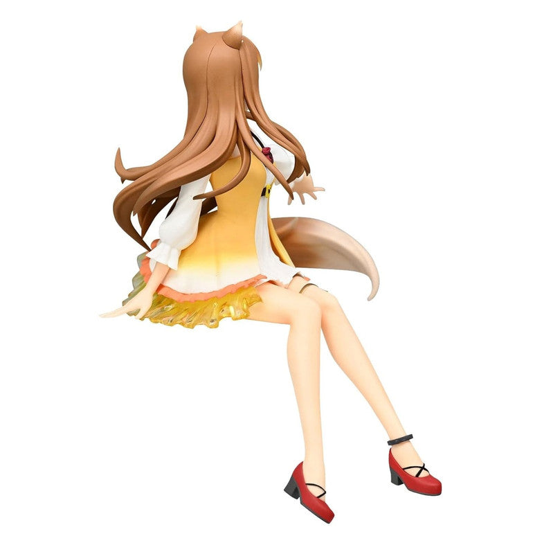Anime figure of a girl with long brown hair fox ears and a tail wearing a yellow and white dress and red shoes