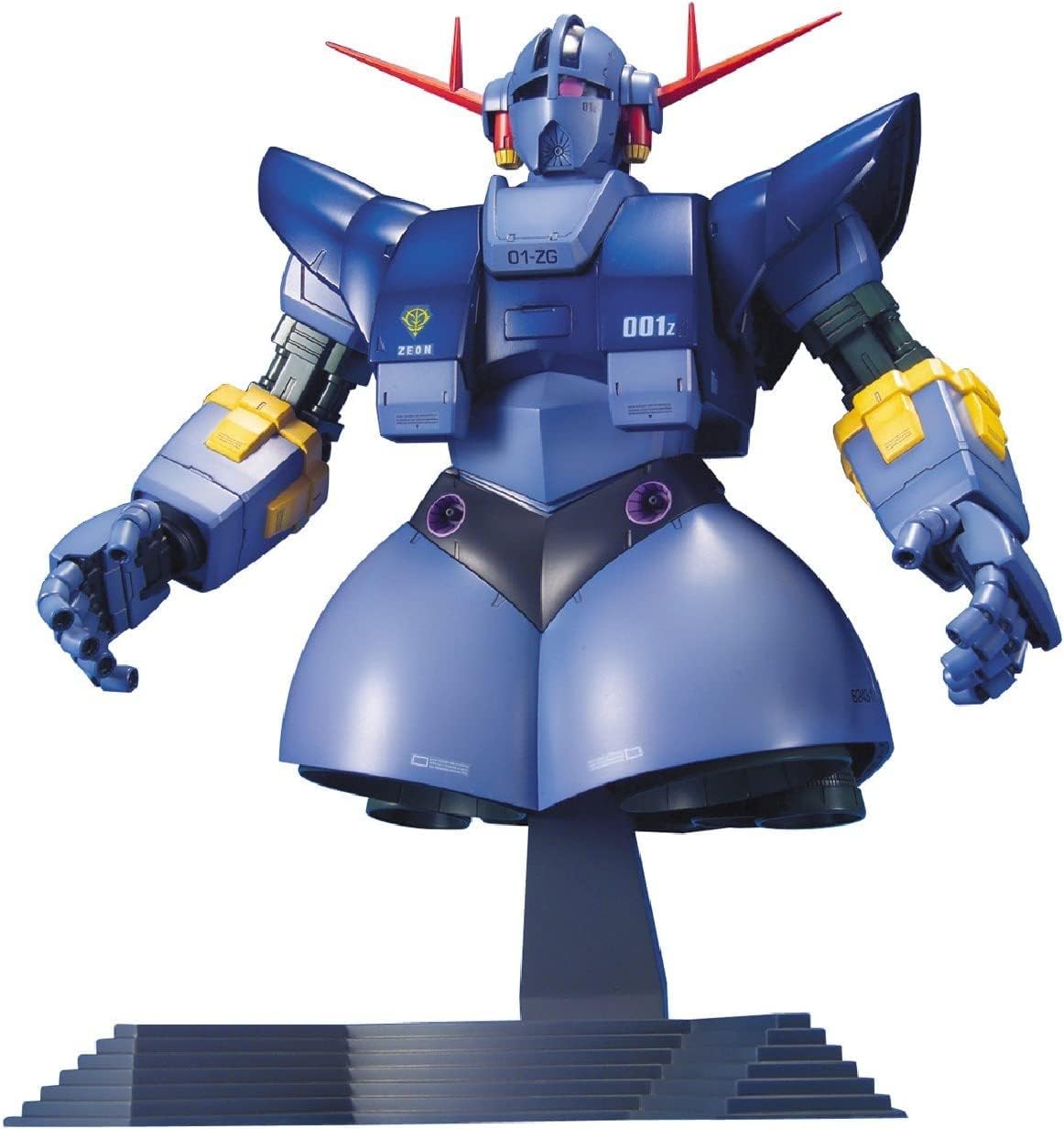 Blue mobile suit bust model (Zeon mecha), featuring red antennae and yellow arm accents, displayed on a tiered stand