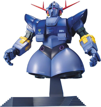 Blue mobile suit bust model (Zeon mecha), featuring red antennae and yellow arm accents, displayed on a tiered stand