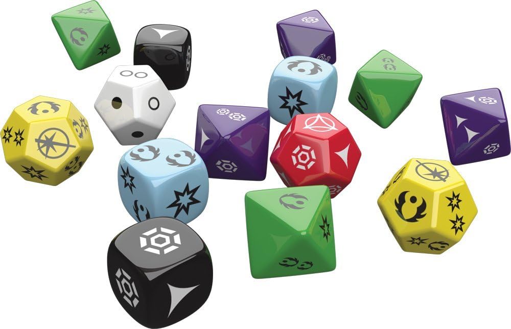 Twelve colourful polyhedral dice with various symbols like stars, circles, and abstract designs, scattered on a white background