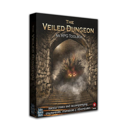 Dark stone archway with steps leading into a misty cavern illuminated by a monstrous figure with glowing eyes