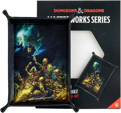 D&D Masterworks Series dice tray featuring classic fantasy art of a dark wizard summoning undead skeletons