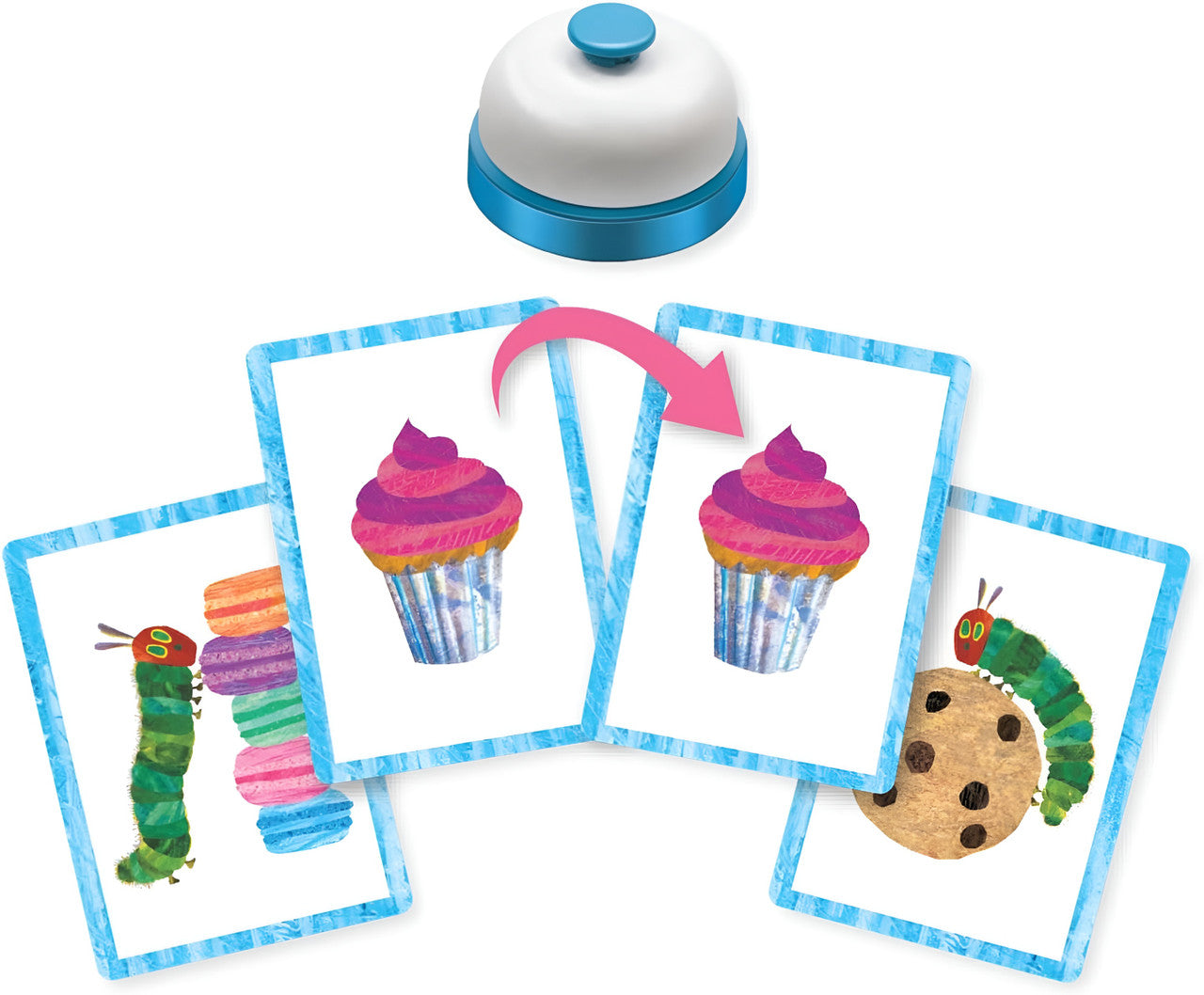 Game setup with four cards featuring The Very Hungry Caterpillar, sweets, matching cupcakes, and a blue desk bell