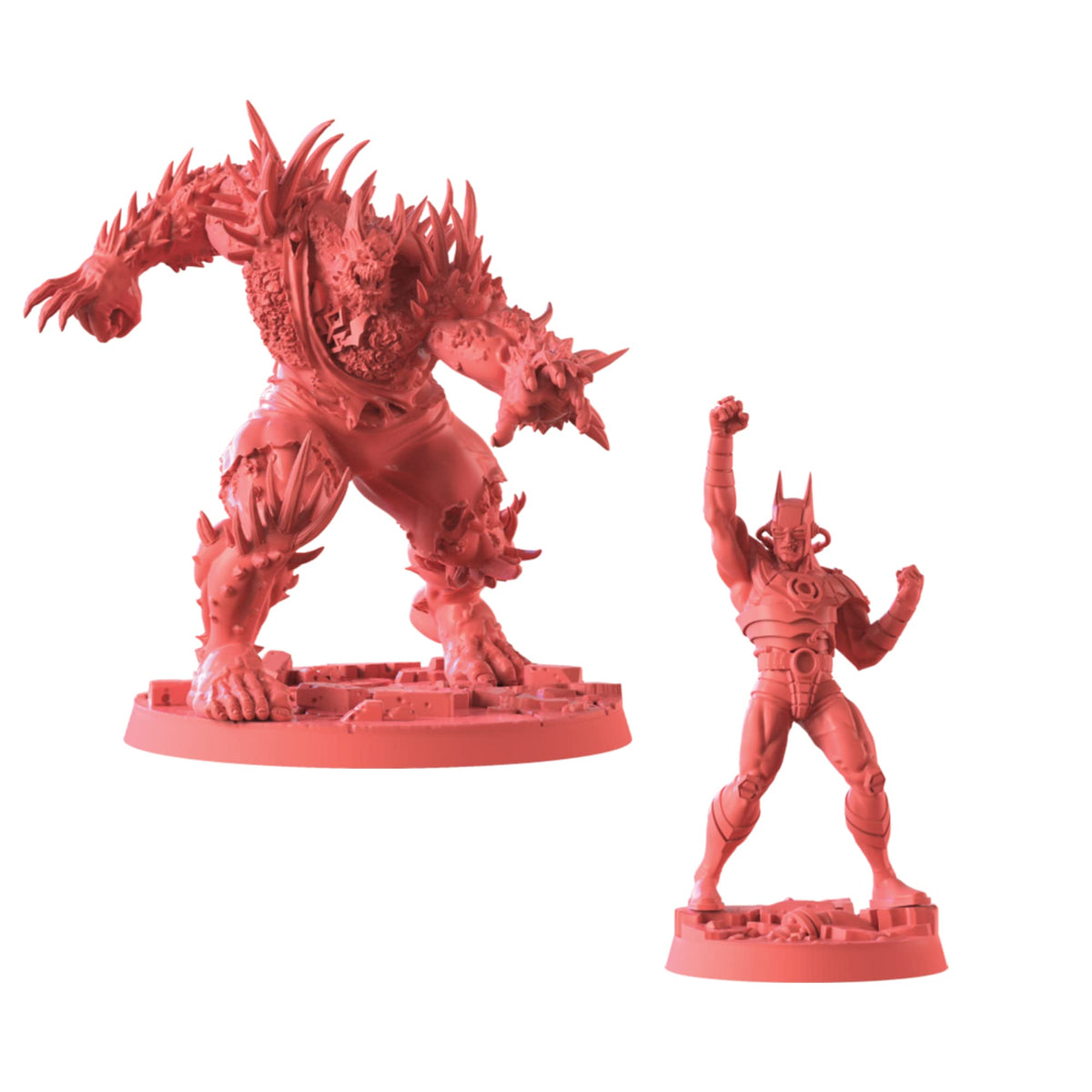 Coral-red miniatures: a large, spiky monster (Doomsday) and a smaller, armored Batman with a raised fist