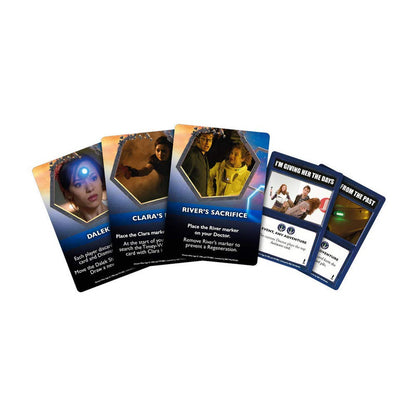 A fan of Doctor Who game cards featuring characters Clara Oswald and River Song, laid on a white background