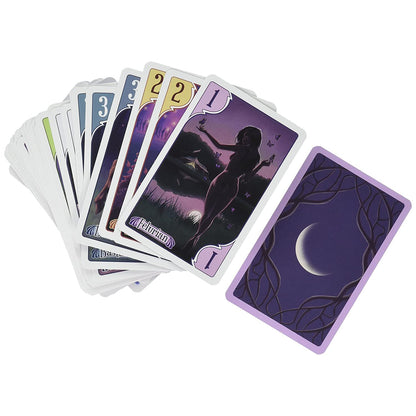 A fan of game cards, the top showing a woman with butterflies. Beside it, a purple card back with a white crescent moon