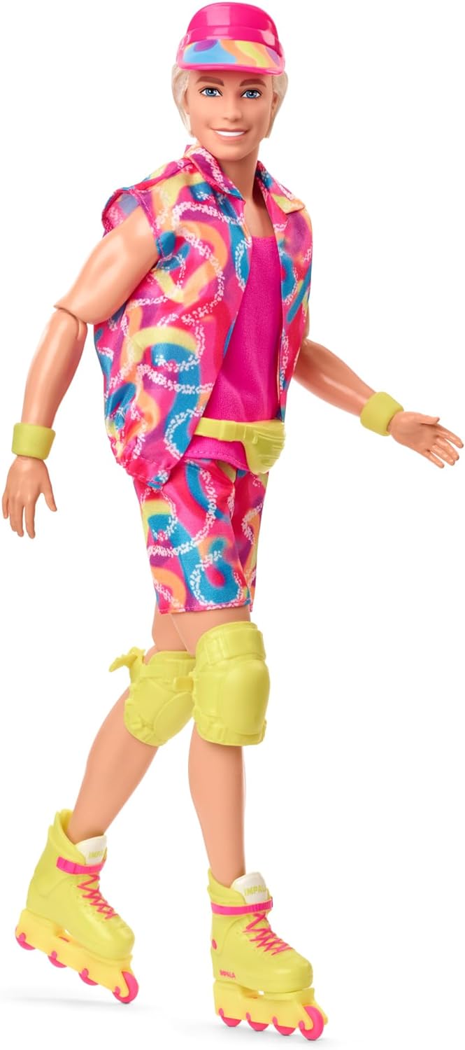 Smiling Ken doll in a vibrant patterned outfit -  pink visor -  yellow knee pads -  and rollerblades