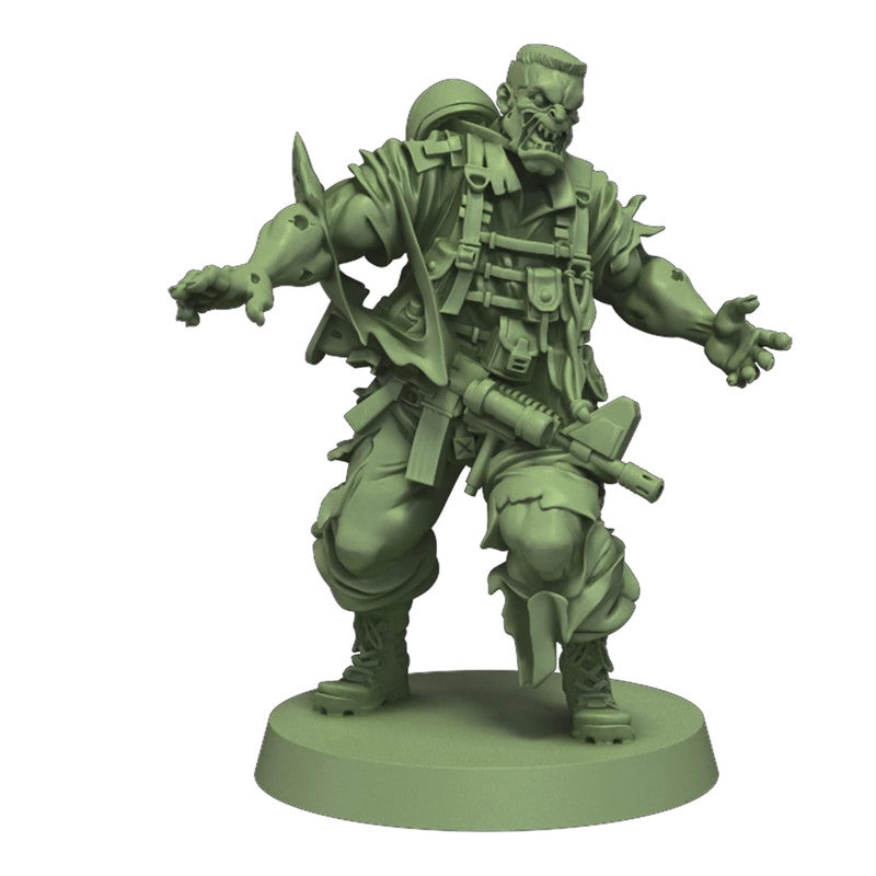 Green miniature of a zombie soldier in military fatigues, helmet, and tactical vest, holding an assault rifle