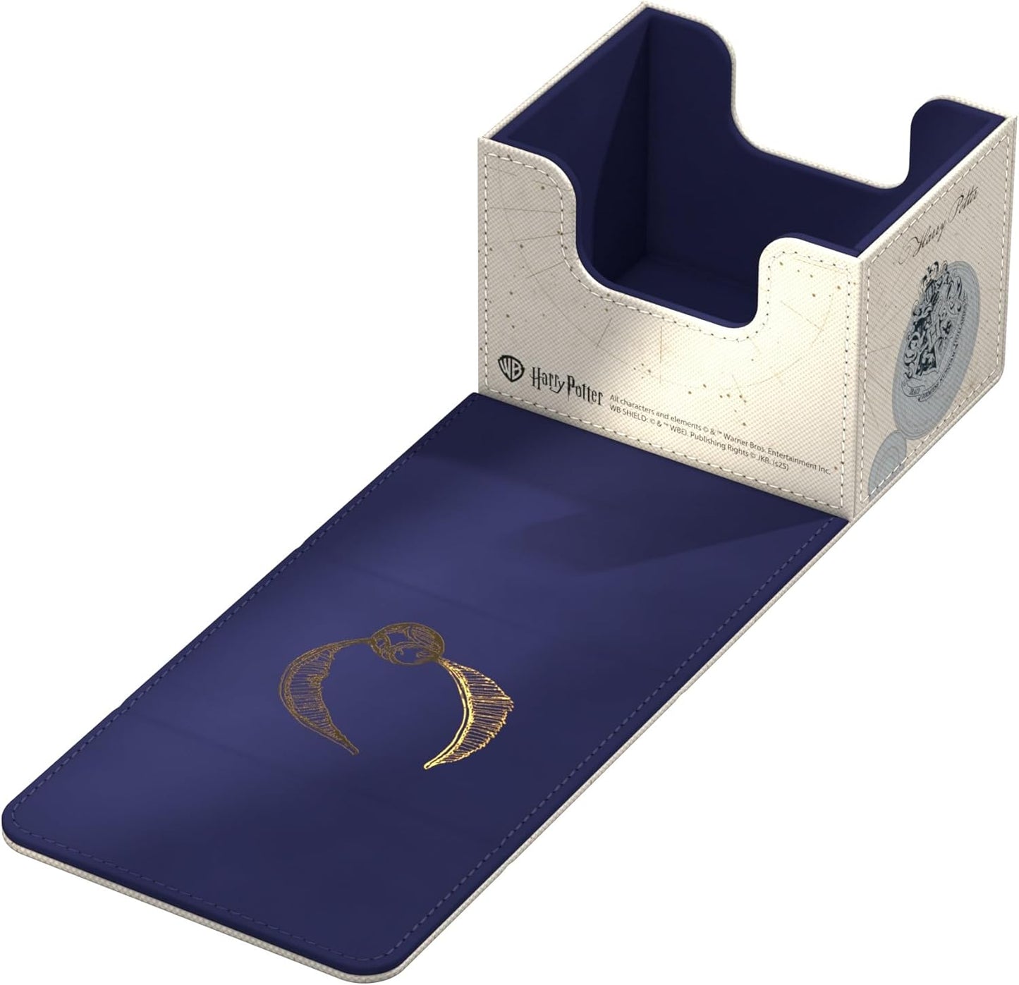 Harry Potter themed deck box, open, revealing navy interior, map details, and a golden Snitch emblem on the extended flap