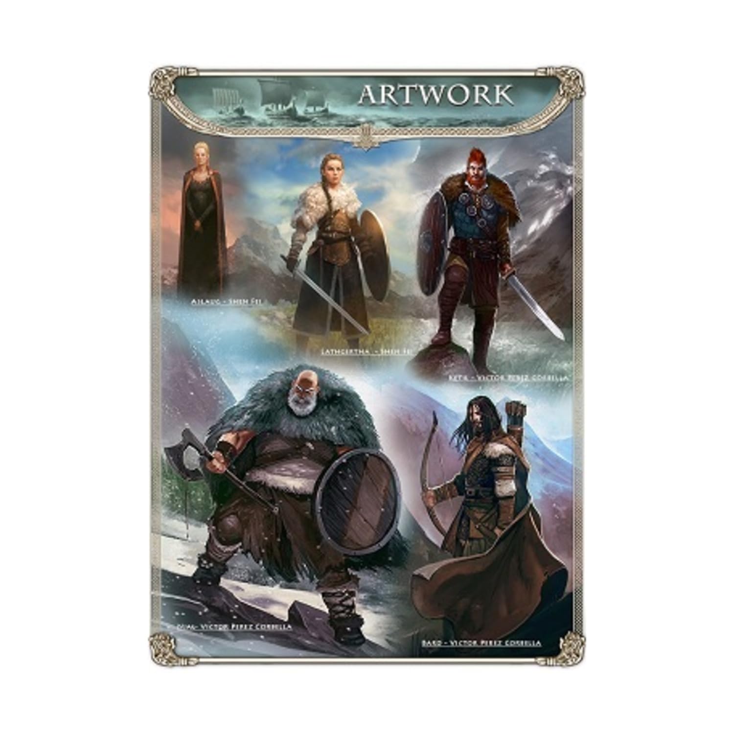 Artwork of five fantasy warriors: two women and three men -  armed with swords -  shields -  axes -  and bows