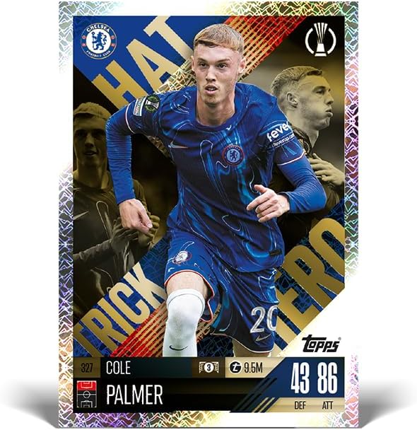 Topps trading card featuring soccer player Cole Palmer in a blue Chelsea FC kit with background players and team logo