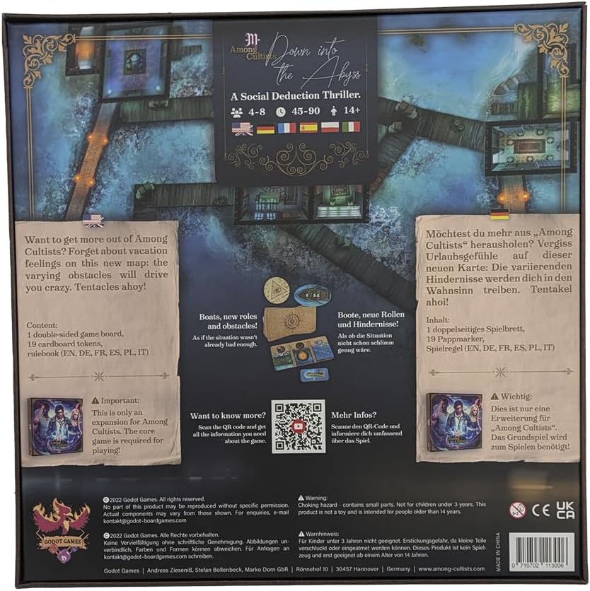 Back of "Among Cultists: Down into the Abyss" social deduction thriller expansion box -  showing a dark -  flooded map