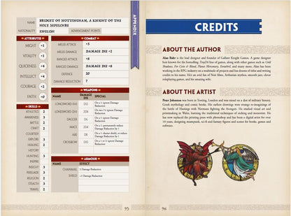 Character sheet for Bridget of Nottingham from Heirs to Heresy Faith Fear with credits for author and artist