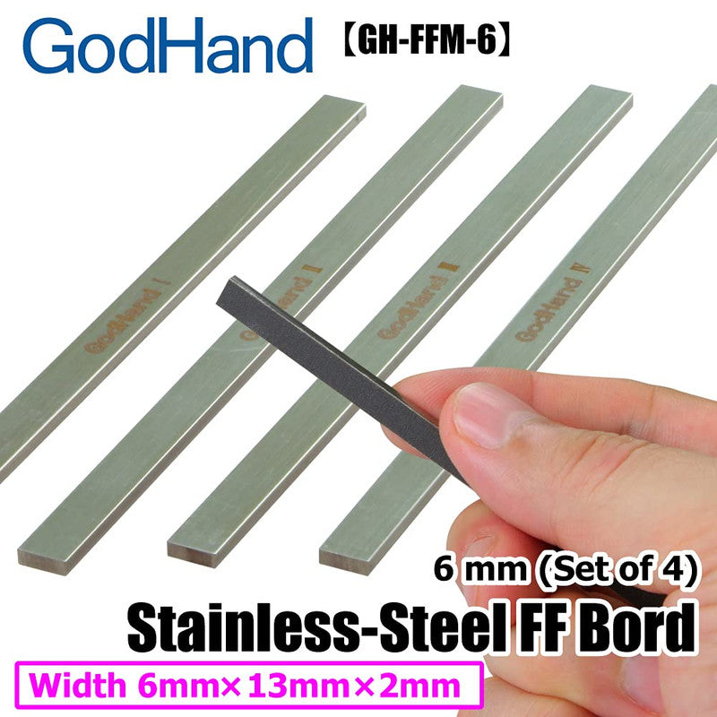 A hand holds a thin dark tool in front of four GodHand 6mm Stainless-Steel FF Bord bars