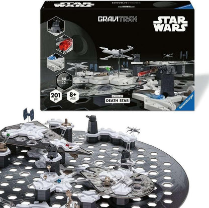 GraviTrax Star Wars Death Star Action-Set box and assembled marble run featuring the Millennium Falcon and starfighters